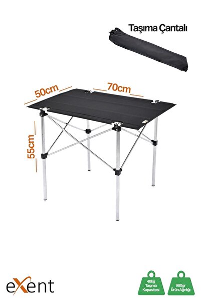 Exent 70x50 Cm Tekstil Kamp Masası, Piknik, Bahçe Balkon Plaj Masası, Katlanır Taşıma Çantalı Masa-siyah