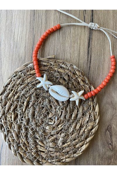 Stoneday Cream color seashell and starry orange sand bead Adjustable String Anklet