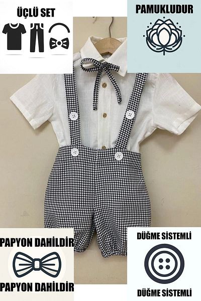 Ares Kids Fashion Houndstooth Short Buttoned Salopet, White Shirt, Bow Tie Set Baby Kids Clothing Boys And Girls Holiday