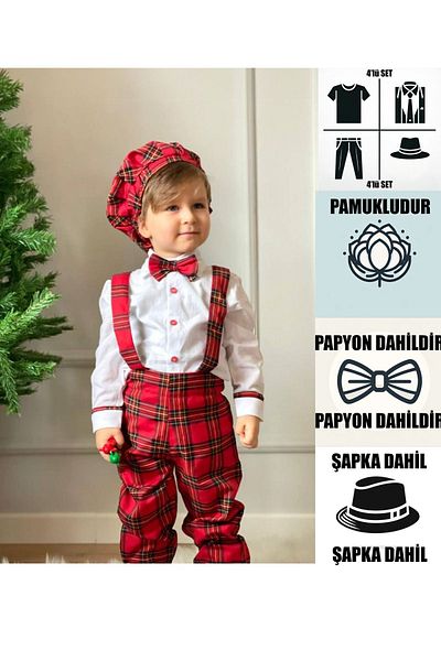 Ares Kids Fashion Plaid Patterned Salopet and White Shirt with Bow Tie for Holiday and Special Daily Girls and Boys