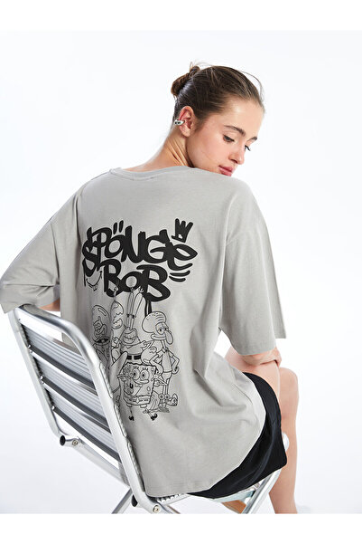 LC Waikiki LCW Oversize-T-Shirt für Damen – Rundhalsausschnitt, Sponge Bob-Aufdruck, kurze Ärmel