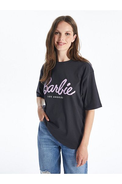 LC Waikiki Tricou LCW Oversize pentru damă - Decolteu, imprimeu Barbie, mânecă scurtă