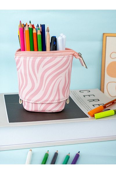 OneSize Zebra Pink Patterned Telescopic Pencil Case - Vegan Leather Pen Holder and Makeup Bag