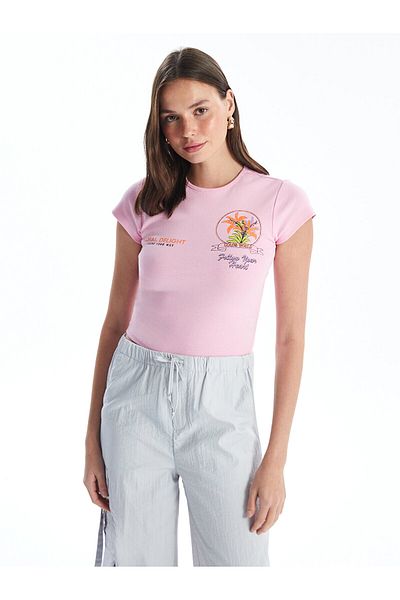LC Waikiki Γυναικεία LCW Crop - Crew λαιμόκοψη, εμπριμέ, κοντομάνικο
