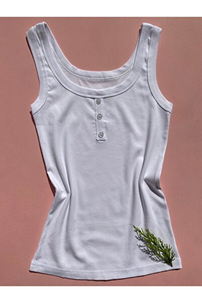 LEYNA BUTİK Women's Corduroy Undershirt - Cotton Fabric, Thick Strap, Button Detail, 2-Piece Black and White Color