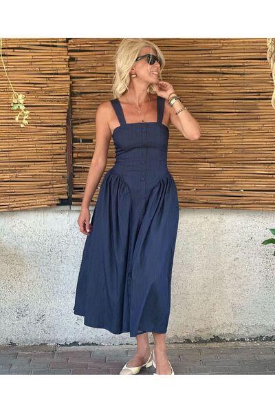 St boutique Düğme Detaylı Kalın Askılı Elbise
