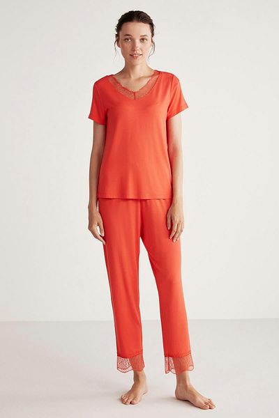 Penyemood Orange Lace Women's Pajamas Set - Short Sleeve C6T5N4O9