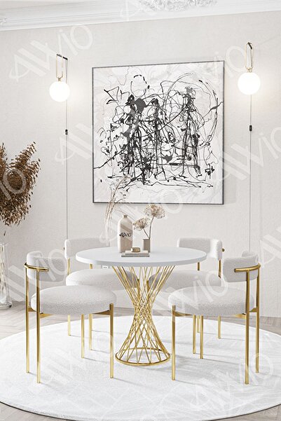 AVVİO Lisa MAT GOLD Teddy Sandalye 90x90 Yuvarlak Yemek Masası Mutfak Masası  Masa Sandalye Takımı