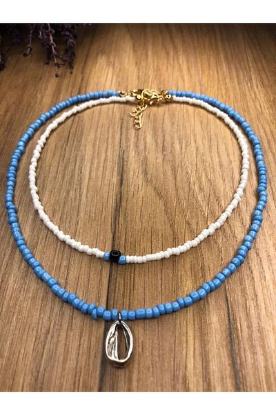 Stoneday Blue and White Sand Bead Combination Necklace with Seashell Pendant
