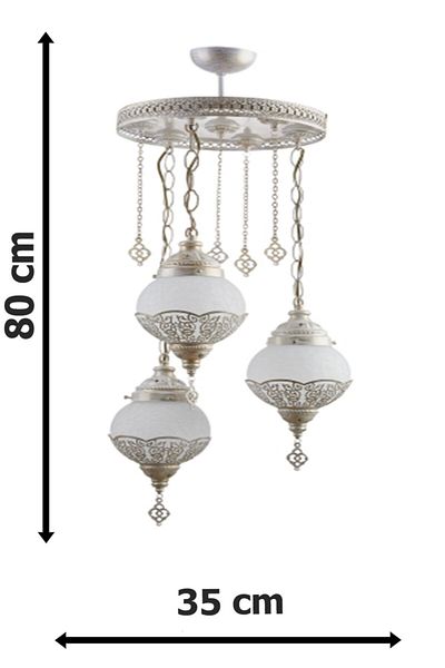 Fer Avize Dilan Ottoman Authentic Cream Color White Glass Pendant Lamp Living Room - Kitchen - Bedroom 3-Piece Chandelier