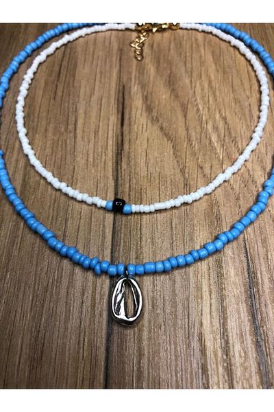 Stoneday Blue and White Sand Bead Combination Necklace with Seashell Pendant