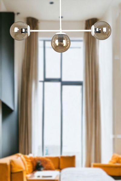 Fer Avize Neron Special Design White Color Globe Honey Glass Living Room - Kitchen - Bedroom 3-Piece Chandelier
