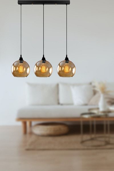 Fer Avize Opvik Special Design Modern Sports Black Color Honey Color Glass 3-Piece Chandelier