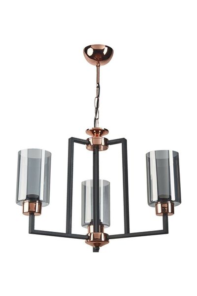 Biotronik Datça Retro Black Color Copper Detailed Smoked Glass Living Room - Kitchen - Bedroom 3-Piece Chandelier