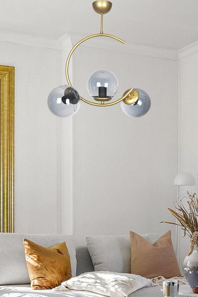 Fer Avize Julia Special Design Crescent Model Antique Gold Color Smoked Glass Living Room - Kitchen - Bedroom 3-Piece Chandelier