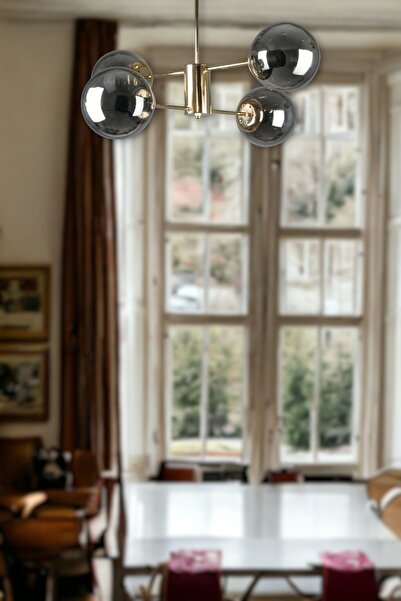 Fer Avize Oscar Modern Lüks Tasarım Gold Renk Kasa Füme Camlı Salon - Mutfak - Yatak Odası 4 Lü Avize