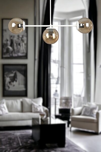 Fer Avize Neron Özel Tasarım Beyaz Renk Globe Bal Camlı Salon - Mutfak - Yatak Odası 3'lü Avize