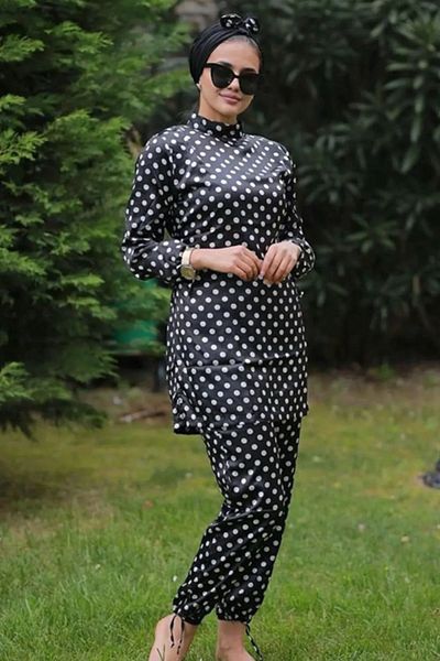 TrendParis Satin Hijab Swimsuit - Black Polka Dot