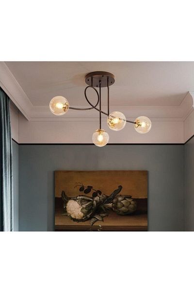 Fer Avize Jade Special Design Black Color Globe Honey Glass Living Room - Kitchen - Bedroom 4-Piece Chandelier