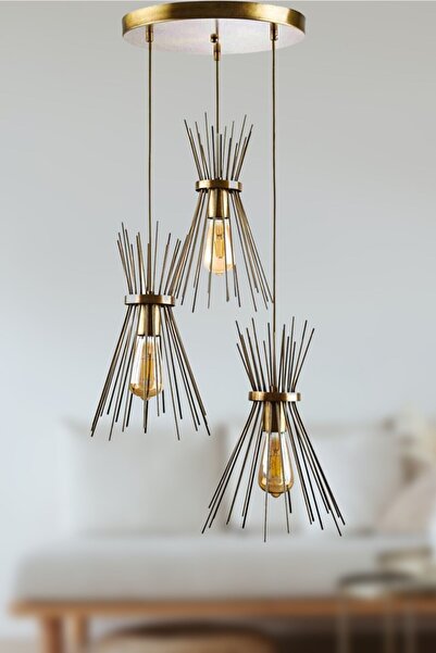 Fer Avize Kirpi Eskitme Renkli Sarkıt Salon - Mutfak 3 Lü Avize