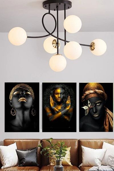 Fer Avize Jade Special Design Modern Sports Black and White Globe Glass Living Room - Kitchen - Bedroom 6-Piece Chandelier