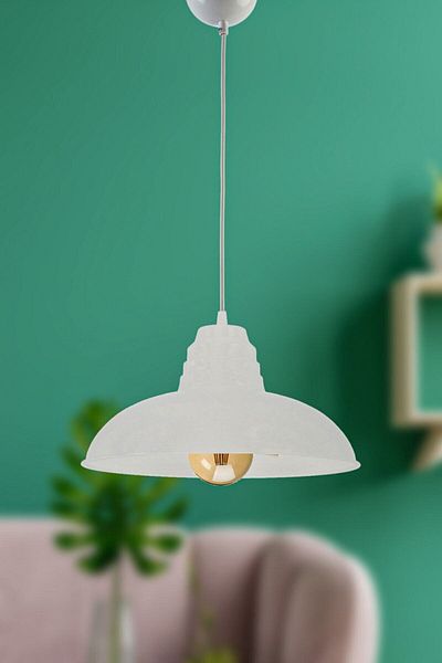 Fer Avize Sydney Large - 32 cm Retro Rustic Modern White Metal Pendant Lamp, Cafe - Kitchen Single Chandelier