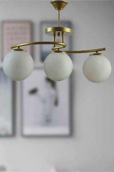 Fer Avize Linda Modern Antique Color Closed Globe White Glass Living Room - Kitchen - Bedroom 3-Piece Chandelier
