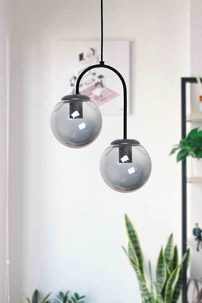 Fer Avize Janin Modern Pendant Lamp Black Color Body Smoked Glass Living Room - Kitchen - Bedroom 2 Pieces Chandelier