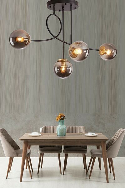 Fer Avize Jade Modern Globe 4-Piece Chandelier Set - Black Case Smoked Glass Living Room and Bedroom