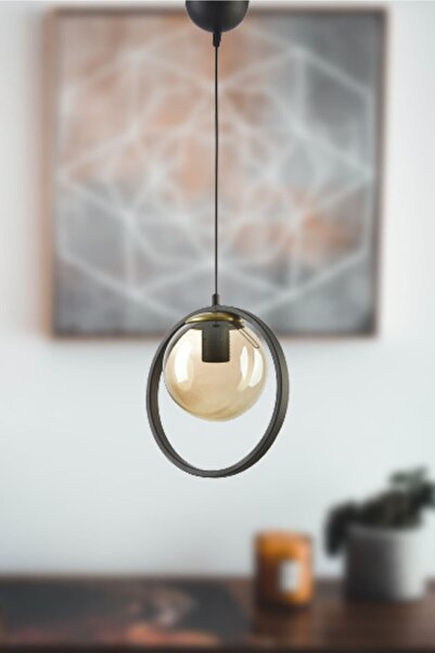 Fer Avize Nina Modern Metal Siyah Renk Halkalı Kapalı Bal Camlı Tekli Avize