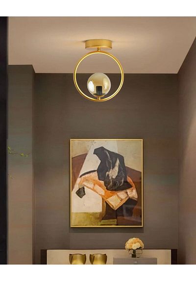 Fer Avize Miranda Special Design - Gold Colored Sports Globe Honey Glass Ceiling Plate - Kitchen Single Chandelier