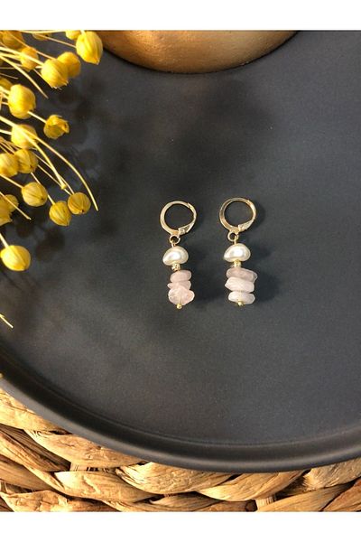 Stoneday Natural Stone Pink Quartz Gold Detailed Plated Pearl Earrings