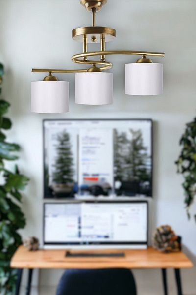 Fer Avize Fuji Modern Decorative Antique Color Living Room - Kitchen - Bedroom 3-Piece White Fabric Headed Chandelier