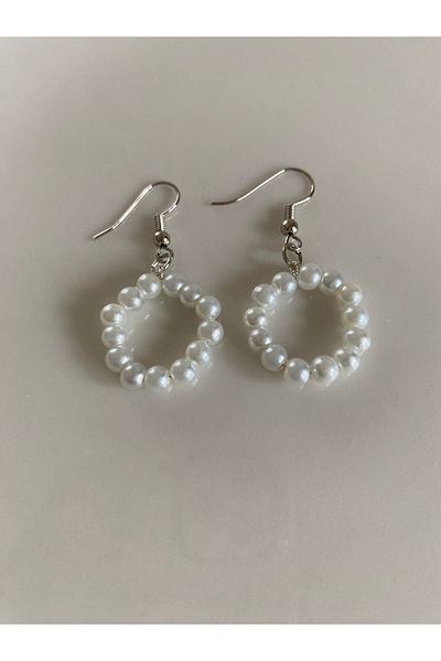 Stoneday White Glass Pearl Silver Detailed Dangle Earrings