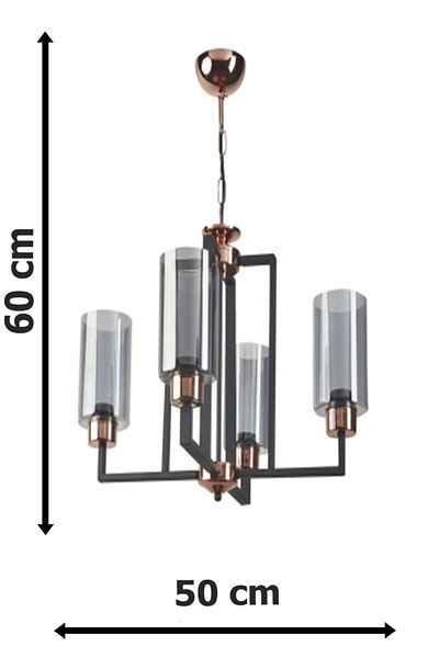Fer Avize Datca Retro Black Color Copper Detailed Smoked Glass Living Room - Kitchen - Bedroom 4-Piece Chandelier