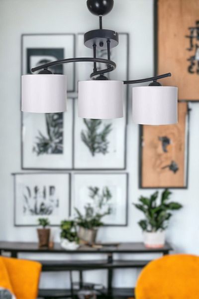 Fer Avize Fuji Modern Decorative Black Color Living Room - Kitchen - Bedroom 3-Piece Chandelier with White Fabric Head