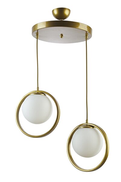 Fer Avize Nina Modern Metal Gold Renk Halkalı Kapalı Beyaz Camlı 2 Li Avize