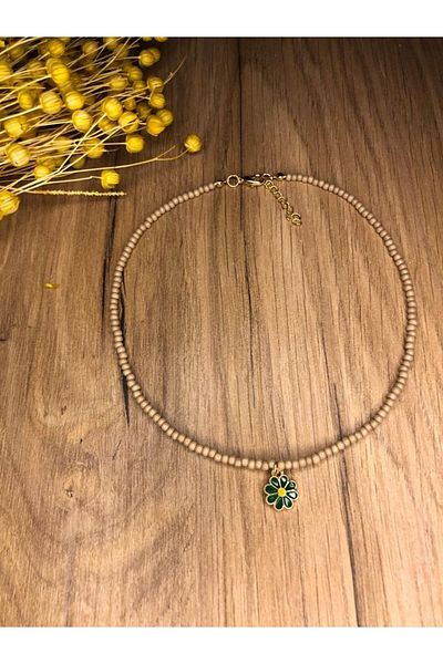 Stoneday Green Daisy Pendant Light Brown Sand Bead Necklace