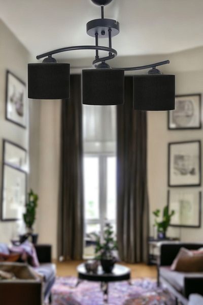 Fer Avize Fuji Modern Decorative Black Color Living Room - Kitchen - Bedroom 3-Piece Black Fabric Headed Chandelier