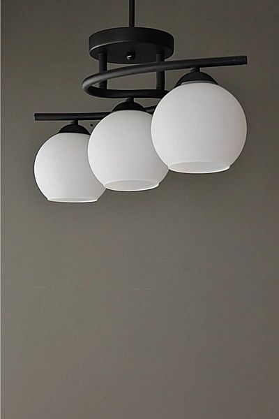 Fer Avize Fuji Modern Decorative Black Color White Glass Living Room - Kitchen - Bedroom 3-Piece Chandelier