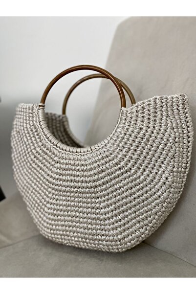 Parla Life Ahşap Kulplu El Yapımı Makrome Çanta 32x34 cm