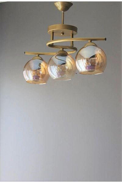 Fer Avize Fuji Modern Decorative Antique Color Honey Glass Living Room - Kitchen - Bedroom 3-Piece Chandelier
