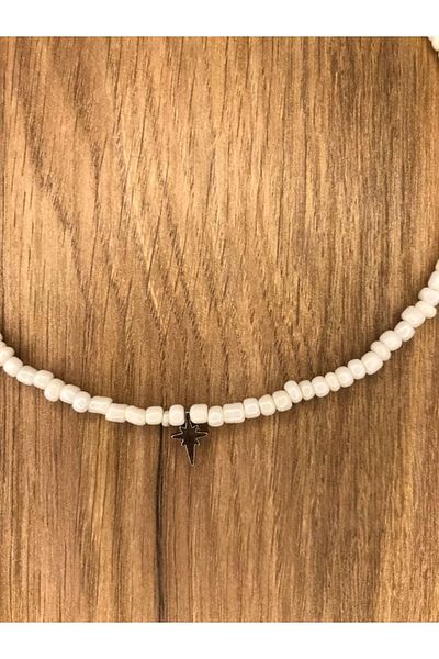 Stoneday White Colored Silver Compass Pendant Special Design Sand Bead Necklace