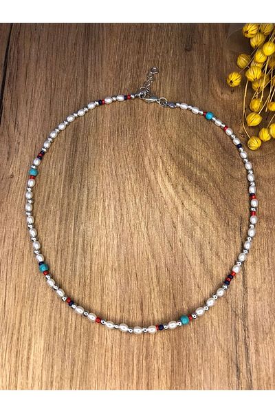 Stoneday Silver Detailed Colorful Design Pearl Necklace with Pearls