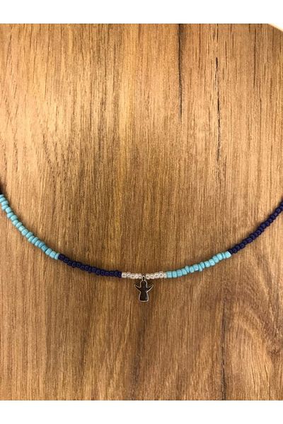 Stoneday Blue Navy Blue Color Special Design Sand Beads Necklace with Silver Angel Tip