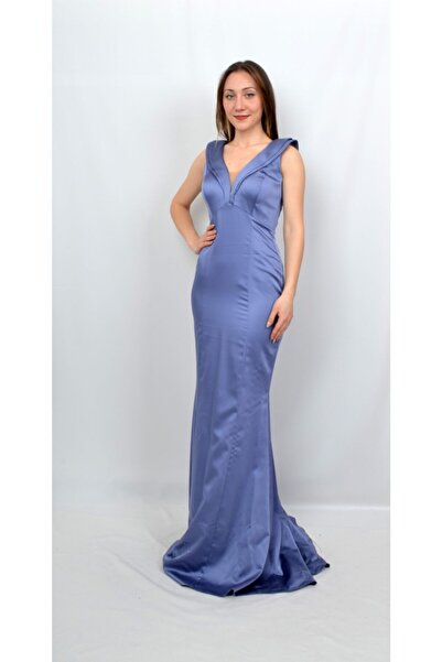 ALİS DRESS Yaka Detaylı Indigo Rengi Saten Abiye