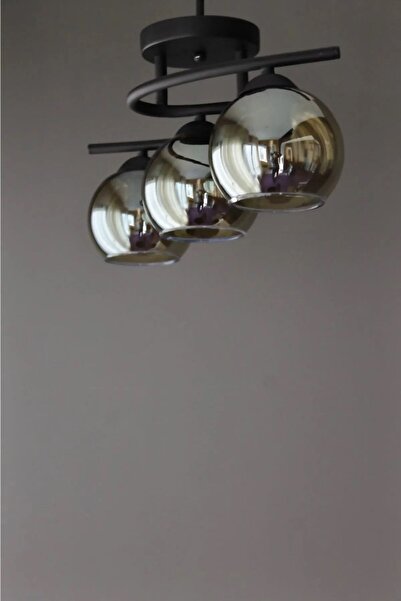 Fer Avize Fuji Modern Dekoratif Siyah Renk Füme Camlı Salon - Mutfak - Yatak Odası 3 lü Avize