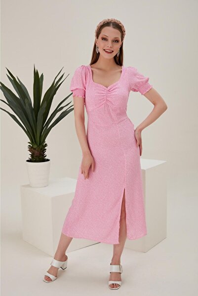 Düşess Kadın Pembe Çıtır Desen Yırtmaçlı Elbise