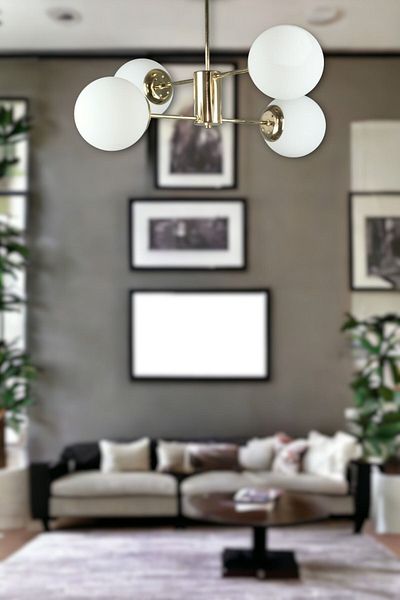 Fer Avize Oscar Modern Luxury Design Gold Color Case White Glass Living Room - Kitchen - Bedroom 4-Piece Chandelier