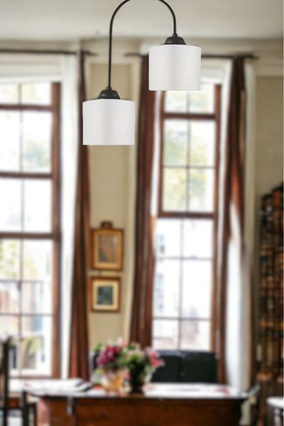 Fer Avize Janin Modern Decorative Black Color Plof Living Room - Kitchen - Bedroom 2-Piece White Fabric Headed Chandelier